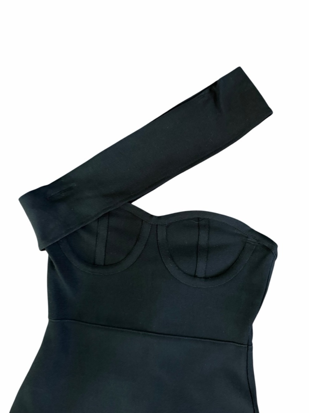 Asymmetric One-Shoulder Black Midi Dress with Front Slit bandage bodycon sz S - Picture 3 of 6